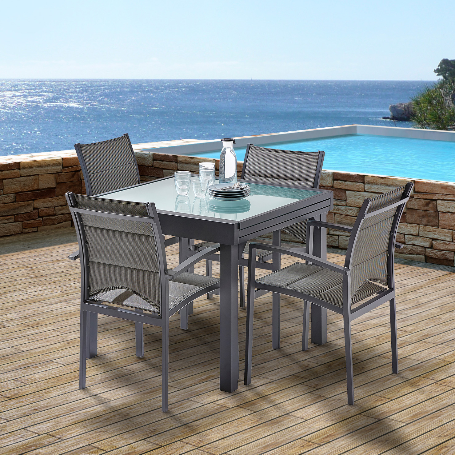 600018 MODULO Salon de jardin en aluminium avec rallonge gris et verre modulo wilsa garden