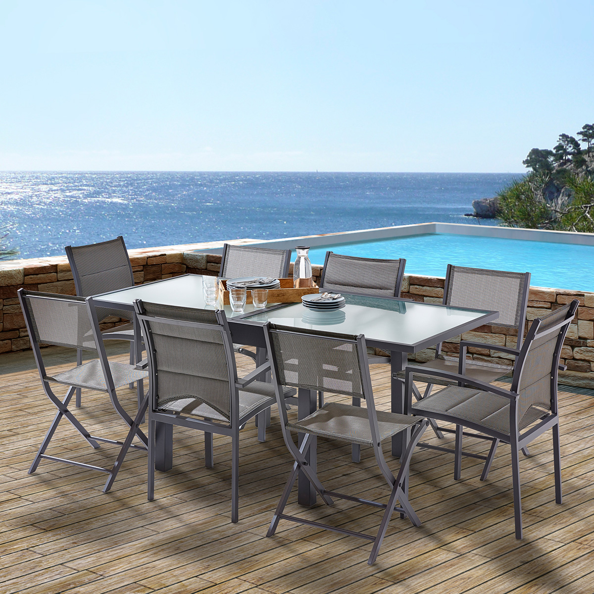 600018 MODULO Salon de jardin en aluminium avec rallonge gris et verre modulo wilsa garden