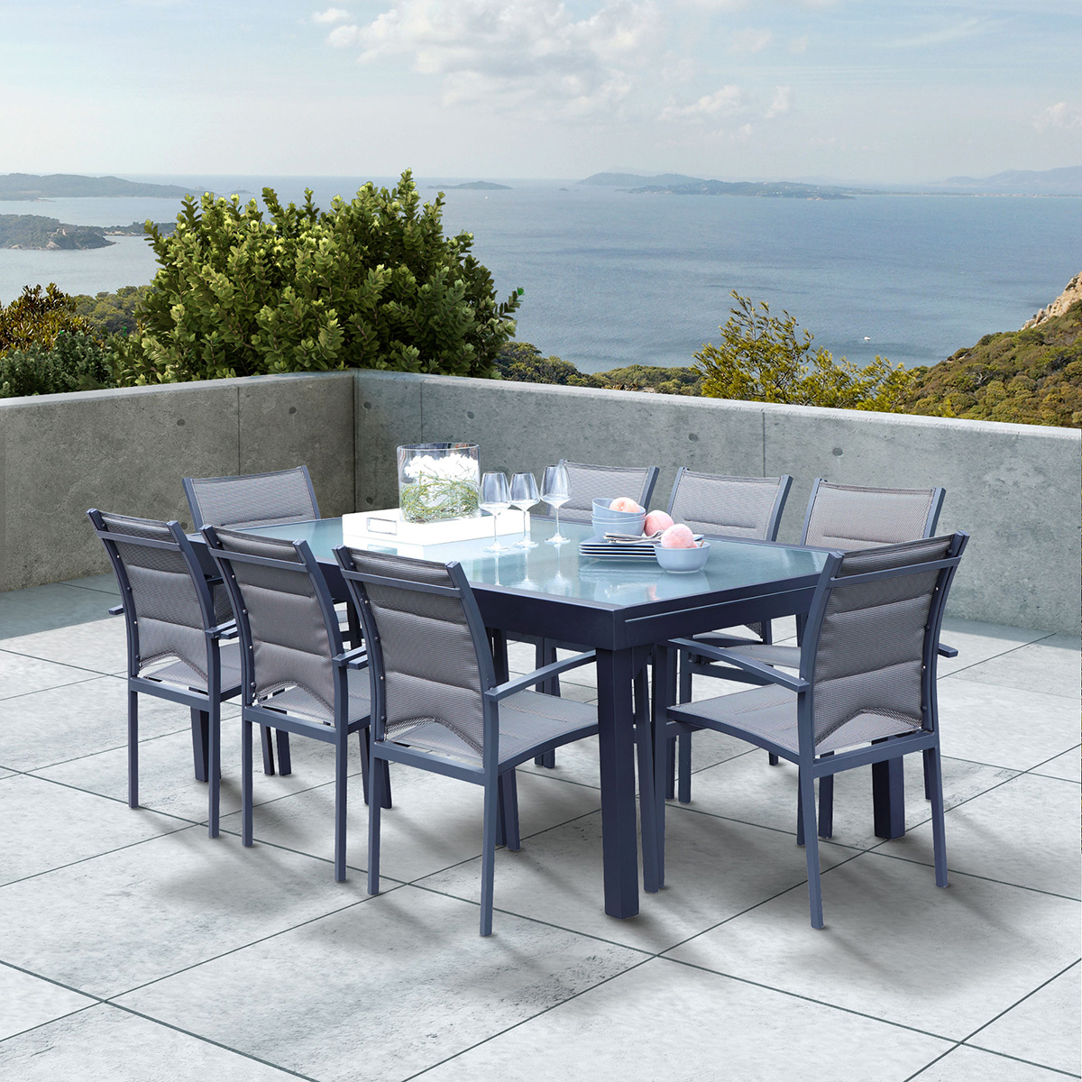 Salon de jardin en aluminium avec rallonge gris et verre modulo wilsa garden