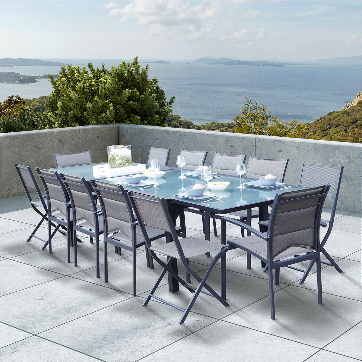 Salon de jardin en aluminium avec rallonge gris et verre modulo wilsa garden