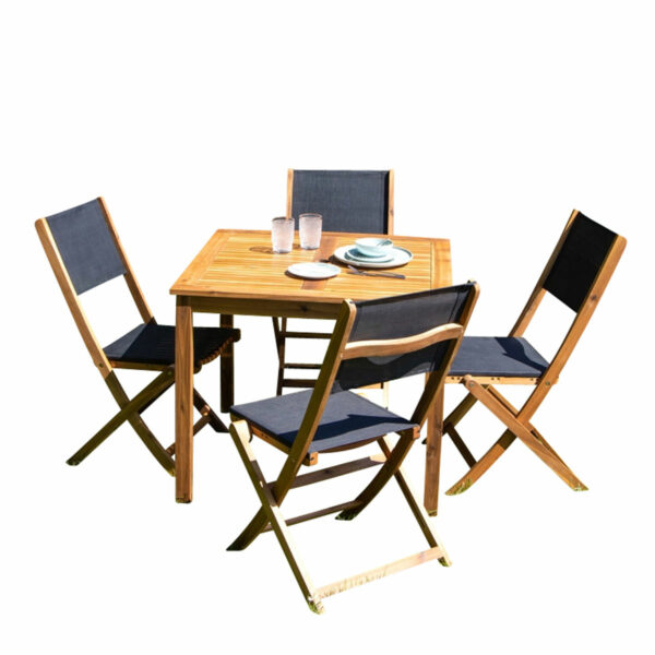 Ensemble en Acacia carré Table 4 avec 4 chaises Noires Mobilier Exotique Wilsa Garden