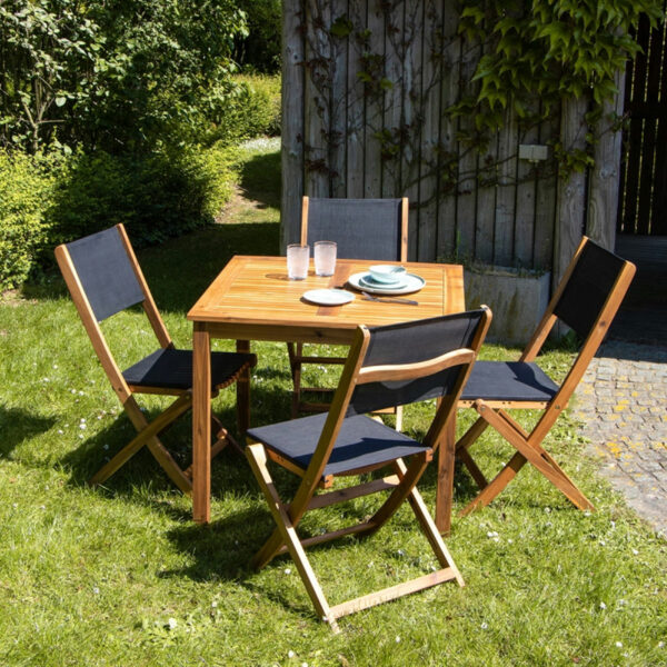 Ensemble en Acacia carré Table 4 avec 4 chaises Noires Mobilier Exotique Wilsa Garden