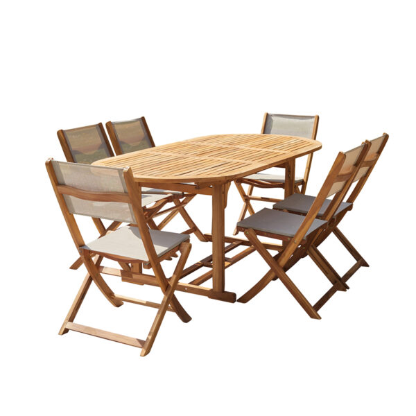 Ensemble en Acacia ovale Table 6-8 avec 6 chaises Grises Mobilier Exotique Wilsa Garden