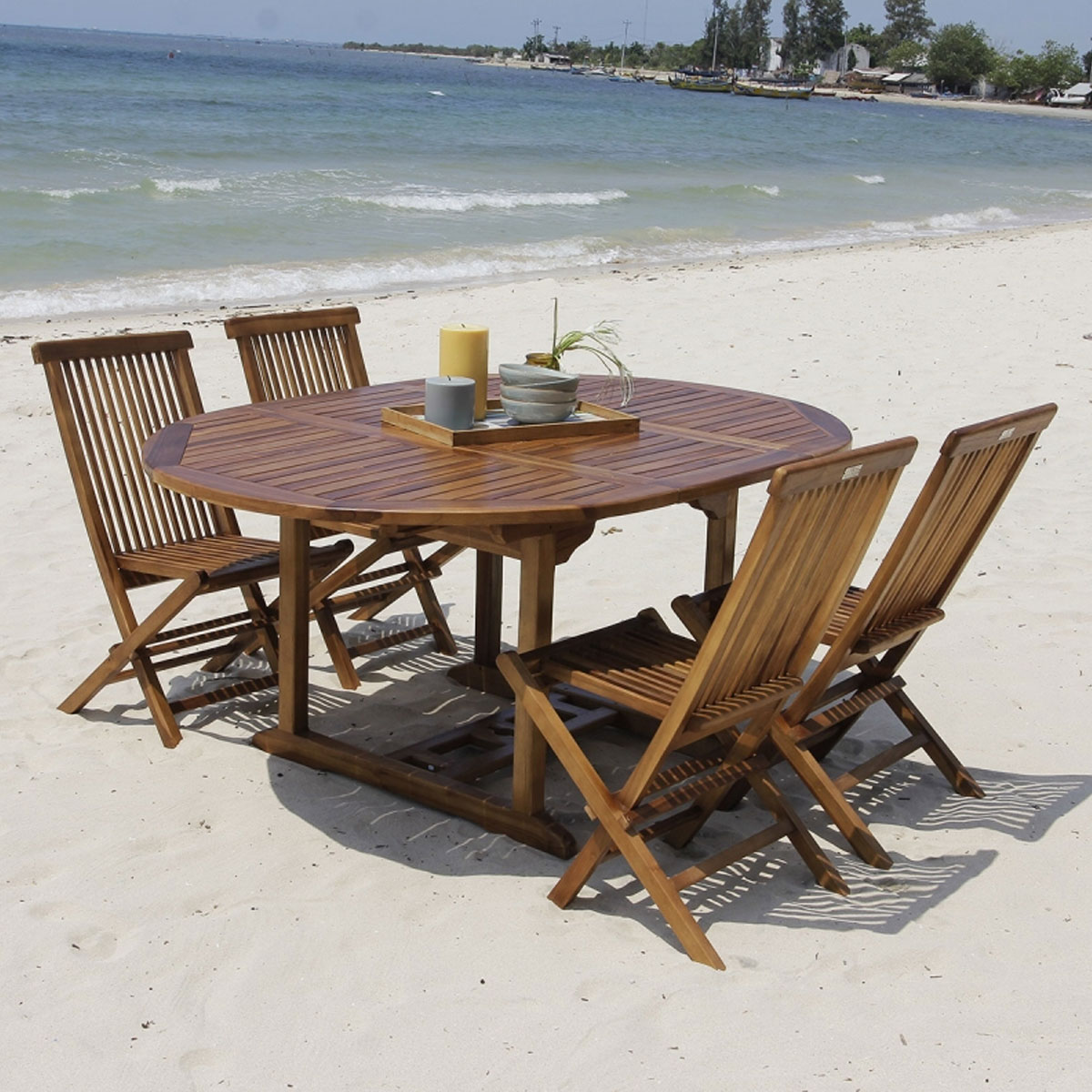 700016 SOFIA Ensemble en Teck huilé ovale Table 4-8 avec 4 chaises Mobilier Exotique Wilsa Garden salon de jardin en bois avec table extensible et chaises pliantes