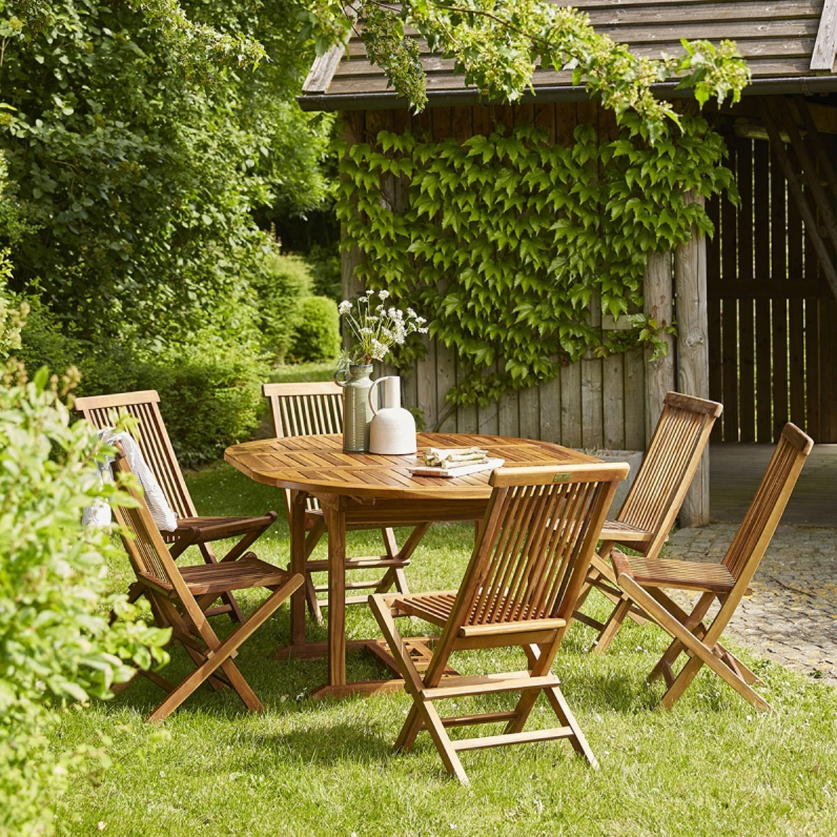 700017 SOFIA Ensemble en Teck huilé ovale Table 4-8 avec 6 chaises Mobilier Exotique Wilsa Garden salon de jardin extensible en bois