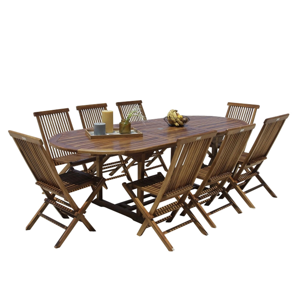 700018 SOFIA Ensemble en Teck huilé ovale Table 8-10 avec 8 chaises Mobilier Exotique Wilsa Garden table en teck huilé avec chaises pliantes pour le jardin