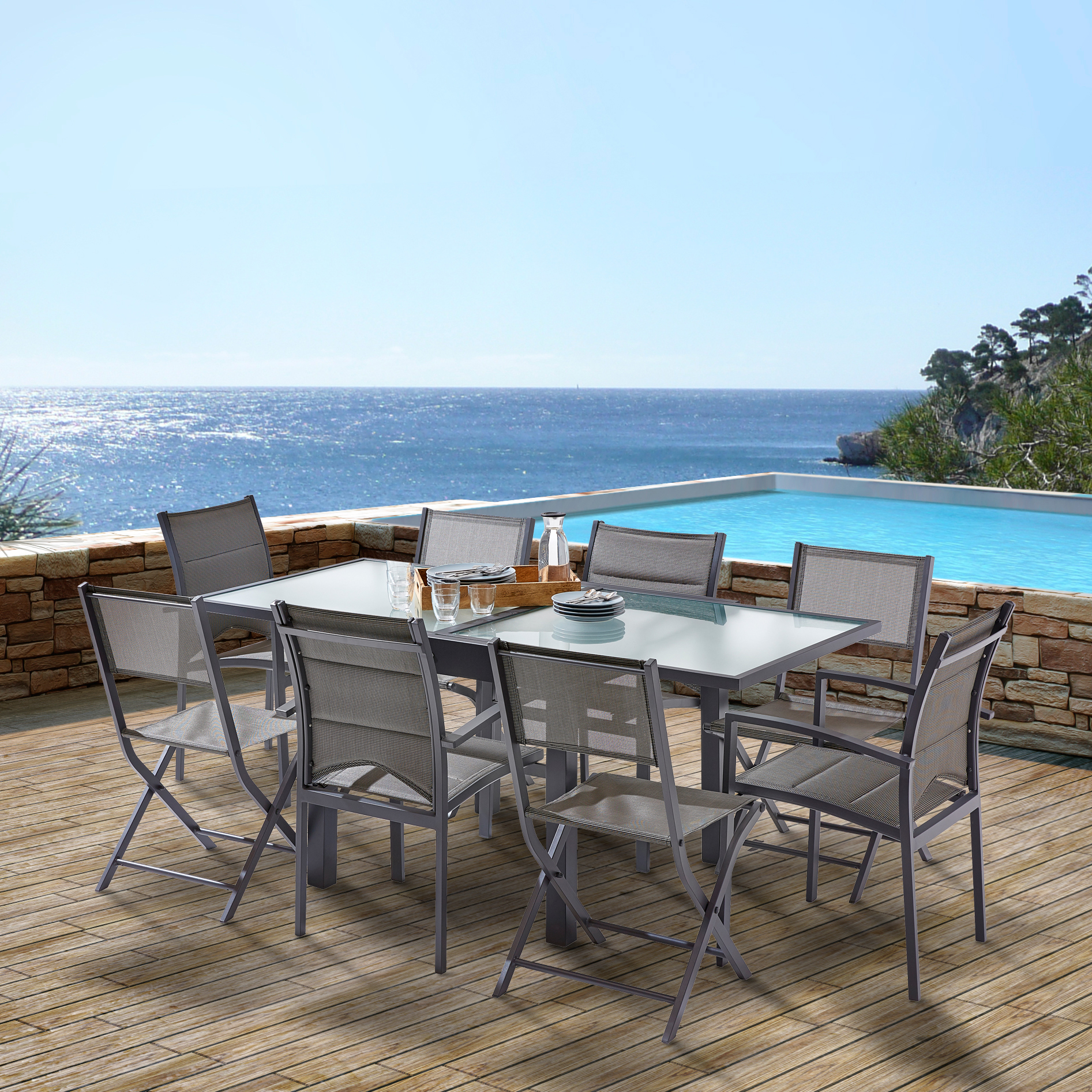 Ensemble Modulo Verre Gris 4/8 Mobilier de Jardin Alu Wilsa Garden salon de jardin en alu et Verre Gris 4/8 places