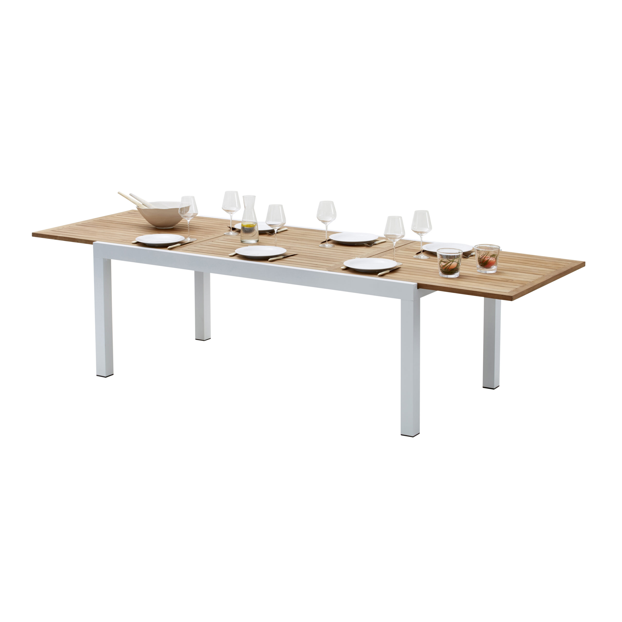 Table Bali Teck Blanc 8/12 Mobilier Alu Wilsa Garden Table d'extérieur 8/12 places en aluminium blanc et plateau en bois