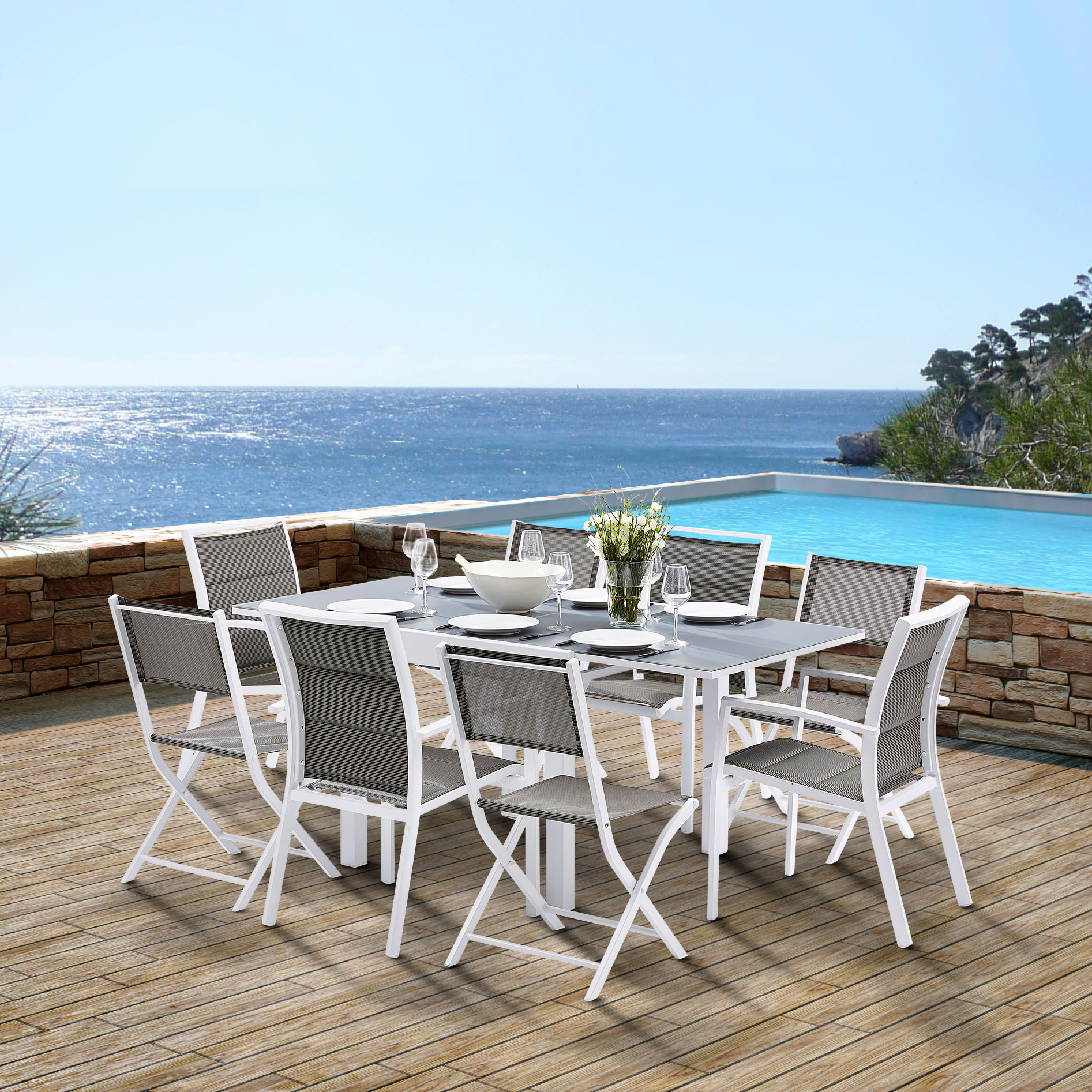 Ensemble Modulo Verre Blanc 4/8 Mobilier de Jardin Alu Wilsa Garden salon de jardin modulable