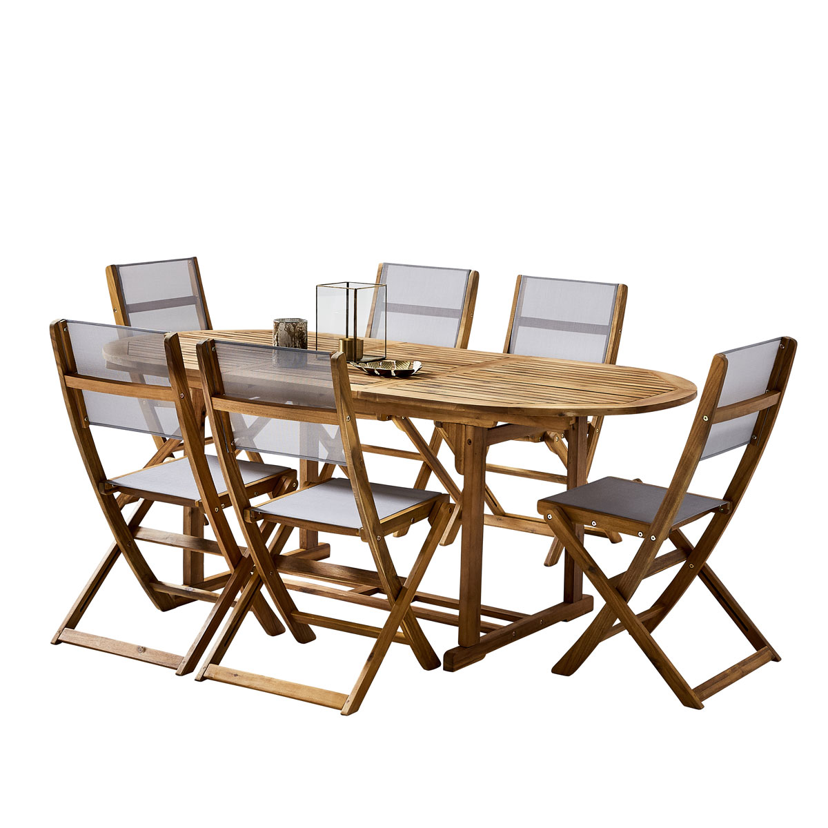 Ensemble en Acacia ovale Table 6-8 avec 6 chaises Grises Mobilier Exotique Wilsa Garden table en bois d'acacia ovale 6-8 places avec 6 chaises Grises