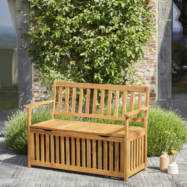 Banc de jardin coffre en bois d'acacia