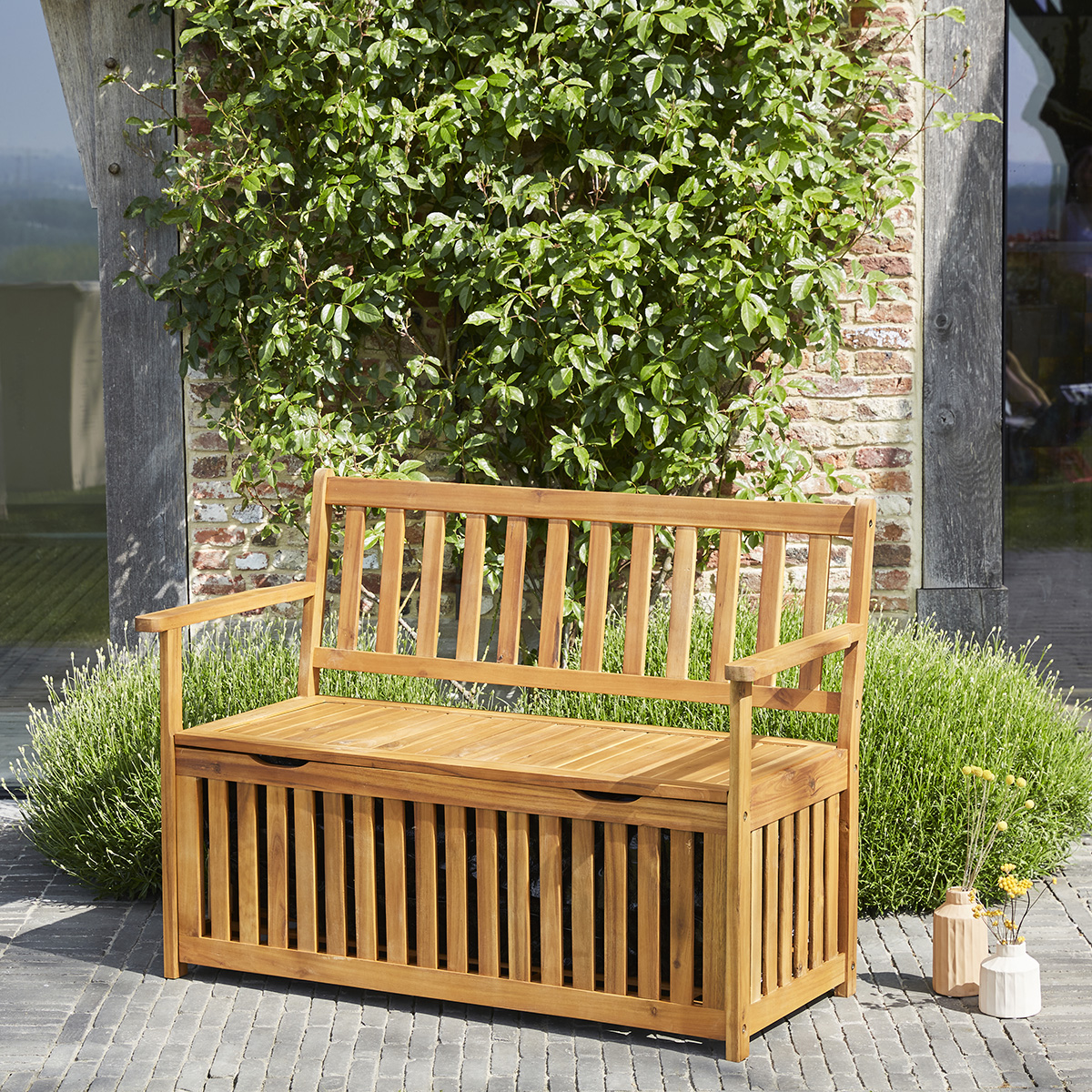 Banc de jardin coffre en bois d'acacia FLORA Banc d'extérieur coffre en bois d'acacia