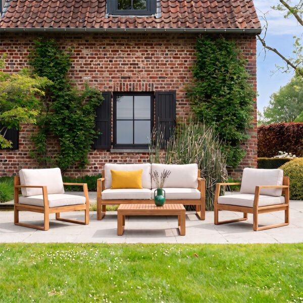 Salon de jardin en bois d'acacia et coussins clairs PAROS